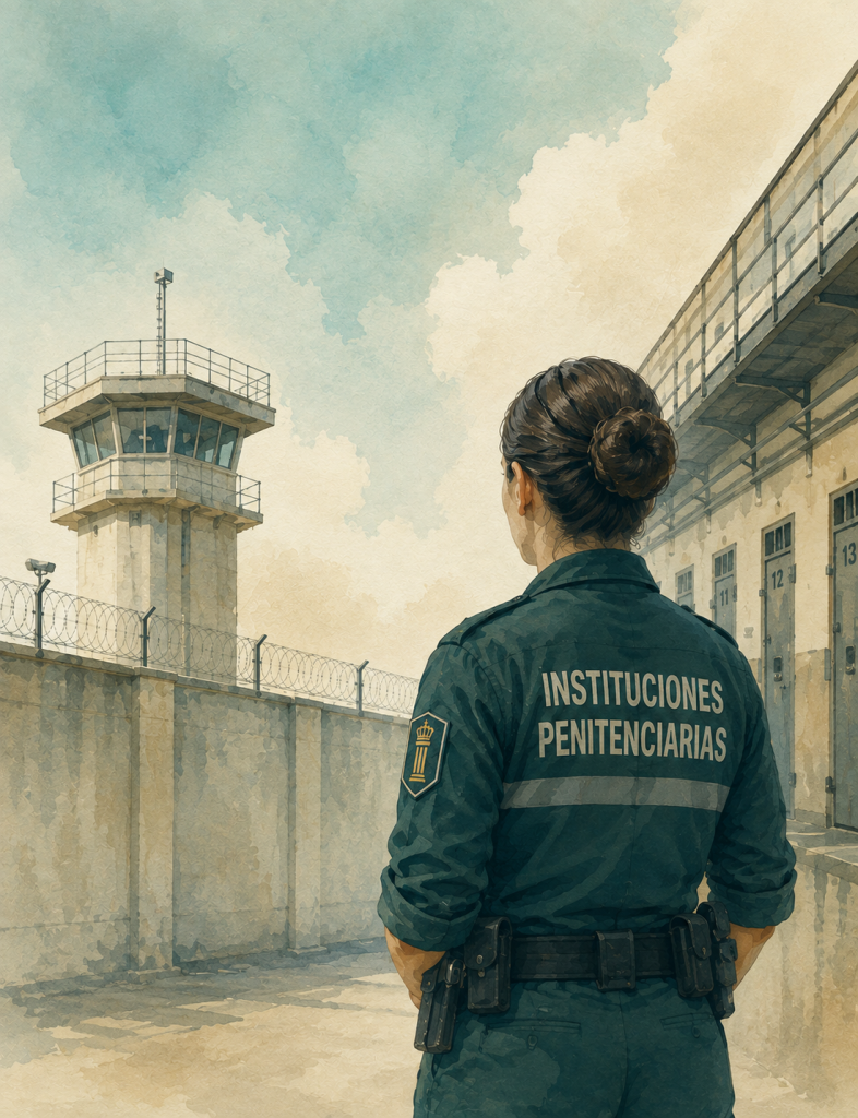 Funcionaria de Instituciones Penitenciarias frente a un centro penitenciario con torre de vigilancia, muros de