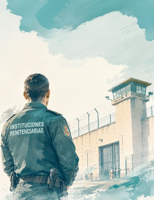 Ilustración de funcionario de Instituciones Penitenciarias frente a un centro penitenciario con torre de vigilancia y perímetro de seguridad.